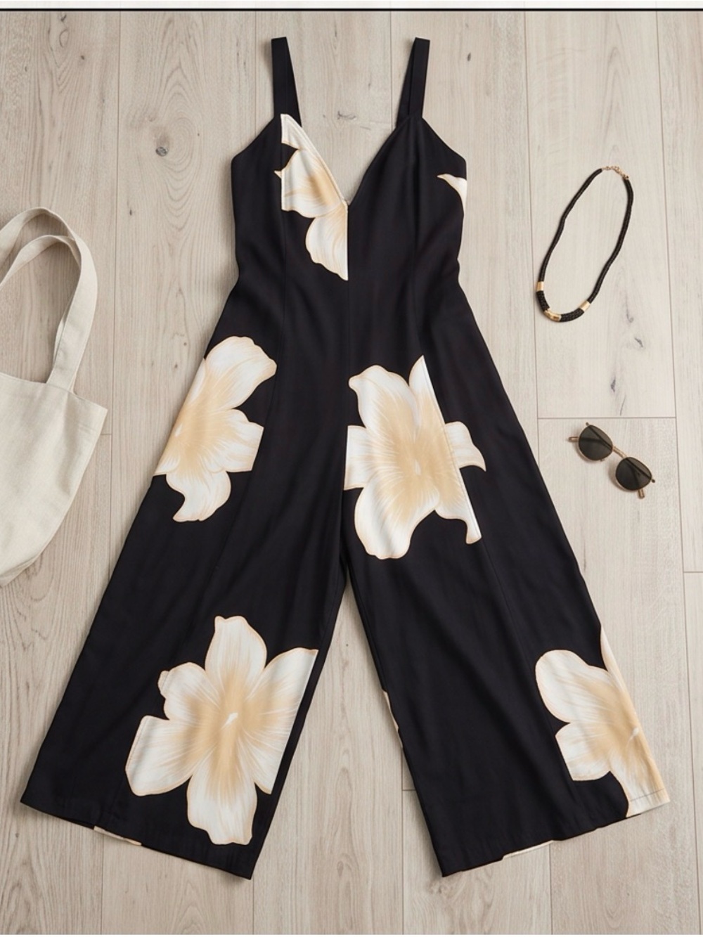 Black Floral Wide-Leg Jumpsuit with Cream Blooms Low cut V-Neck